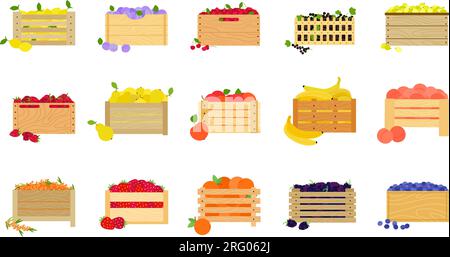 Früchte in Holzkisten und -Kisten. Schachtel mit Obst, Beeren in Kiste. Holz-Bio-Marktpaket, Ernte frischer landwirtschaftlicher Zutaten, anständiger Vektor Stock Vektor