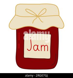 Ein Glas hausgemachte rote Fruchtmarmelade, Deckel mit Stoff und Seil bedeckt, Etikett auf dem Glas, Vektorabbildung Stock Vektor