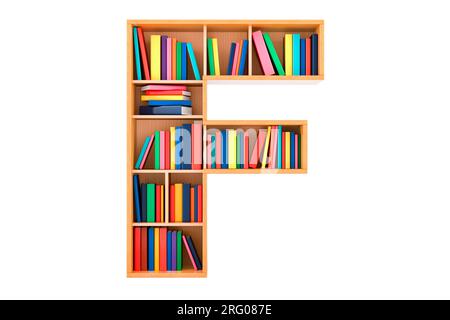 Buchstabe F, Alphabet in Form von Regalen mit Büchern, 3D-Darstellung isoliert auf weißem Hintergrund Stockfoto