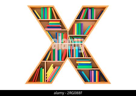 Buchstabe X, Alphabet in Form von Regalen mit Büchern, 3D-Rendering isoliert auf weißem Hintergrund Stockfoto