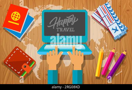 „Happy Travel“-Schriftzug auf dem Notebook Stock Vektor