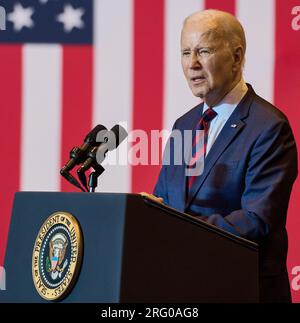 PHILADELPHIA, Pennsylvania, USA – 20. JULI 2023: Präsident Joe Biden spricht auf der Philly Shipyard. Stockfoto