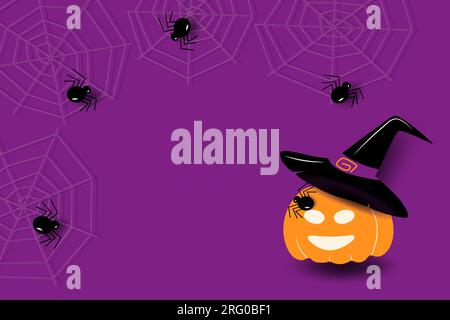 Halloween-Kürbis mit Hexenhut auf abstraktem Hintergrund im traditionellen purpurfarbenen Weihnachtsschatten mit Spinnen und Spinnweben. Vektordarstellung. EPS. Frohes Halloween. Design für Poster, Banner, Broschüren. Stock Vektor