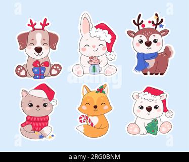 Weihnachtsaufkleber, niedliche Tierbilder. Lustige Zeichentrickfiguren auf New Yeas Holiday. Hirsch, Welpe, Kätzchen, Fuchs, Hase, teddybär und Weihnachtsdekorationen. Vektor in flacher Form. Stock Vektor
