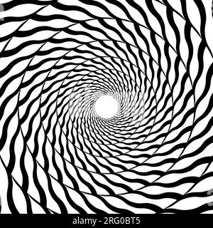 Radialer optischer Täuschungshintergrund. Abstrakte schwarze und weiße Wellenlinien werden in Kreisen angezeigt. Poster, Banner, Vorlagendesign. Die sich drehende spiralförmige Tapete. Vektor-OP-Art-Illustration Stock Vektor