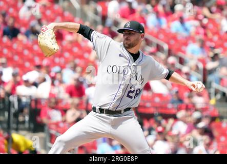 St. Louis, Usa. 06. Aug. 2023. Austin Gomber, der Pitcher der Colorado Rockies, liefert einen Pitch für die .St. Louis Cardinals im vierten Inning im Busch Stadium in St. Louis am Sonntag, den 6. August 2023. Foto: Bill Greenblatt/UPI Credit: UPI/Alamy Live News Stockfoto