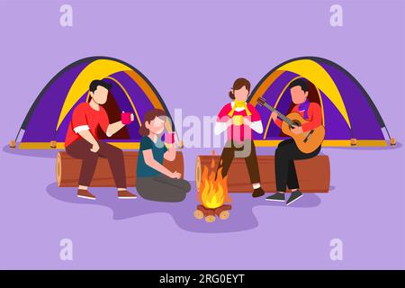 Eine Wohnung mit zwei Wanderer, die auf einem Holzstamm in der Nähe des Lagerfeuers im Wald sitzen. Leute, die heißen Tee trinken und Mann, der Gitarre spielt. Campingausrüstung Stockfoto