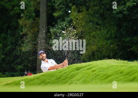 6. August 2023: Billy Horschel verlässt den Bunker am 15. September 2023 am letzten Tag der Wyndham Championship im Sedgefield Country Club in Greensboro, NC. Scott Kinser/CSM Stockfoto