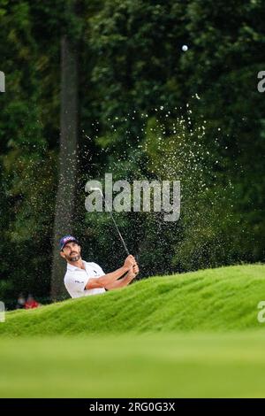 6. August 2023: Billy Horschel verlässt den Bunker am 15. September 2023 am letzten Tag der Wyndham Championship im Sedgefield Country Club in Greensboro, NC. Scott Kinser/CSM Stockfoto