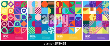 Abstraktes geometrisches bauhaus-Kunstwerk. Posterset mit einfachen Formen. Memphis-Muster-Hintergrund. Retro-Brutalismus Moderne, trendige Grafikmalerei. Vektormuster im Vintage-Stil mit postmoderner Kunst Stock Vektor