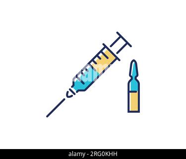 Symbol für Spritze und Ampulle. Vektorliniensymbol für Impfung. Stock Vektor