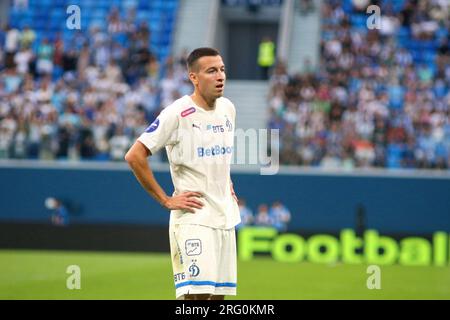 Sankt Petersburg, Russland. 06. Aug. 2023. Denis Makarov (77) von Dynamo während des Fußballspiels der russischen Premier League zwischen Zenit Saint Petersburg und Dynamo Moskau in der Gazprom Arena. Zenit 2:3 Dynamo. Kredit: SOPA Images Limited/Alamy Live News Stockfoto