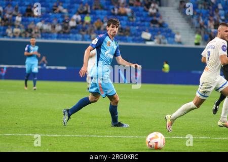 Sankt Petersburg, Russland. 06. Aug. 2023. Zelimkhan Bakaev (7) von Zenit während des Fußballspiels der russischen Premier League zwischen Zenit St. Petersburg und Dynamo Moskau in der Gazprom Arena. Zenit 2:3 Dynamo. (Foto: Maksim Konstantinov/SOPA Images/Sipa USA) Guthaben: SIPA USA/Alamy Live News Stockfoto