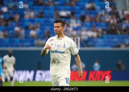 Sankt Petersburg, Russland. 06. Aug. 2023. Fedor Smolov (10) von Dynamo während des Fußballspiels der russischen Premier League zwischen Zenit St. Petersburg und Dynamo Moskau in der Gazprom Arena. Zenit 2:3 Dynamo. (Foto: Maksim Konstantinov/SOPA Images/Sipa USA) Guthaben: SIPA USA/Alamy Live News Stockfoto