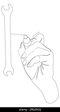 Eine durchgehende Linie eines Schraubenschlüssels, gezeichnet mit einem Bleistift und Filzstift. Vektorkonzept zur Darstellung dünner Linien. Kontur Zeichnen kreativer Ideen. Stock Vektor