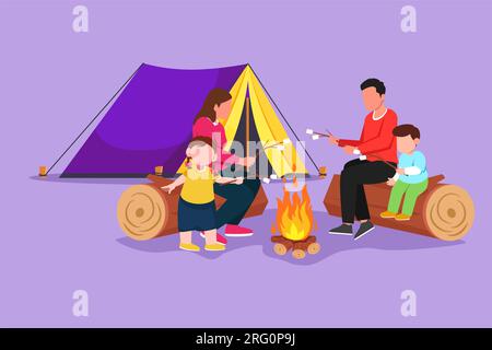 Flache Grafikzeichnung einer glücklichen Familie, die am Lagerfeuer sitzt. Fröhliche Touristen, Camper. Mom, Dad und Kinder rösten Marshmallows als Snack. Nacht-Camping Stockfoto