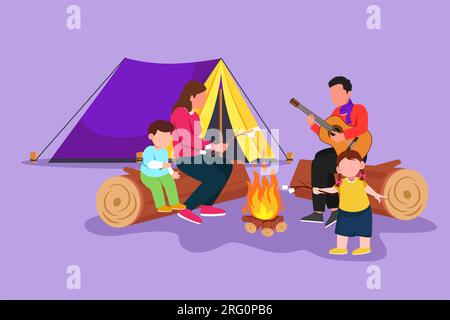 Eine flache Zeichentrickzeichnung einer glücklichen Wanderer-Familie, die am Lagerfeuer sitzt. Touristen-Camper. Dad spielt Gitarre, mom und Kinder rösten Marshmallows. Nacht-Camping Stockfoto