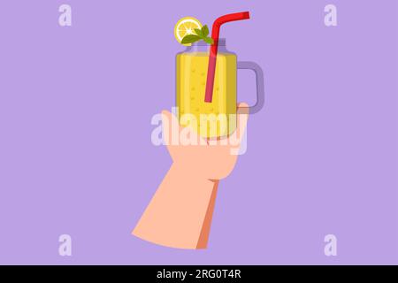 Flacher Cartoon mit frisch gepresstem Zitronen-Orangensaft und Eis mit Minzblättern in weiblichen Händen. Eine Frau, die eine alte Tasse mit Zitrusfrüchten in der Hand hält Stockfoto