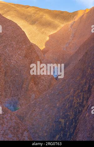 Kanal über dem Wasserloch von Mutitjulu, der überwiegend rötlich-braunen Sandstein von arkose und Algenblau im Wasser zeigt, das den Felsen erodiert. Uluru-Kata Tjuta Stockfoto