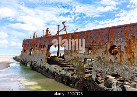 Fraser Island Kgari Island Schiffswrack des Ozeanliners SS Maheno an 75 Meilen Strand Ostküste von Fraser Island, Queensland, Australien Stockfoto