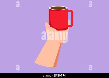 Flache Zeichentrickzeichnung einer weiblichen Hand, die eine Tasse mit Tee oder Kaffee hält. Realistische Zeichnung eines wunderschönen Handtassens mit heißem Getränk. Gesund Stockfoto