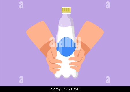 Flaches Grafikdesign mit Händen, die eine Kunststoffflasche mit reinem Trinkwasser halten, erfrischend und spritzwasserisoliert auf blauem Hintergrund. Hungrig und durstig Stockfoto