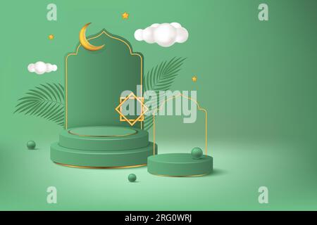 Islamischer Hintergrund. 3D Ramadan Produktpodium, muslimische Moschee, Fastenfest oder Begrüßung. Grüne Plattform oder Bühne für Präsentation, traditioneller Urlaub Stock Vektor
