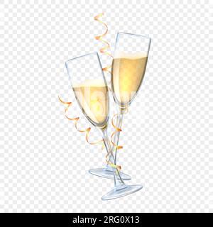 Danke. Champagnergläser zum Anstoßen. Glas Wein, Silvester- oder weihnachtsfeier, alles gute zur Hochzeit, Party und Geburtstag, Goldband. Weißwein. Vektor Stock Vektor