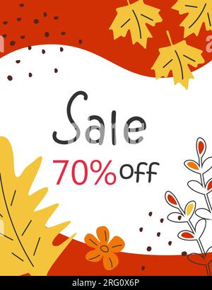 Leuchtendes Banner für den Herbstverkauf mit gelben Ahornblättern. 70 Prozent Rabatt. Vektor Stock Vektor