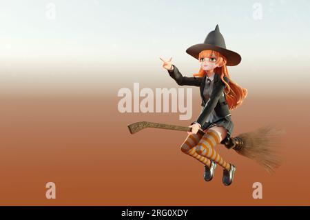 3D Abbildung. Hexenfigur. Happy halloween Charakter Concept Art. Eine Hexe, die auf einem Besen fliegt Stockfoto