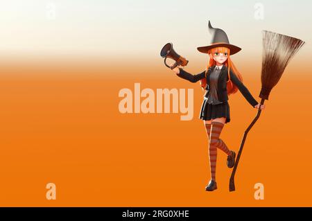 3D Abbildung. Hexenfigur. Happy halloween Charakter Concept Art. Eine Hexe, die auf einem Besen fliegt Stockfoto