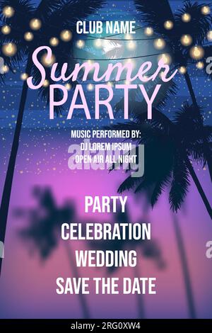 Sommerparty Sunset Beach Design Palms Party Poster, Flyer Stock Vektor