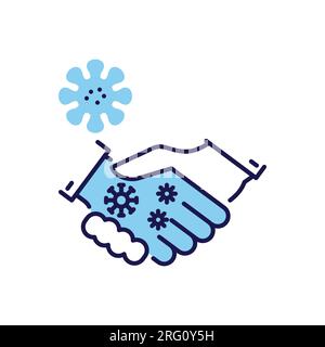 Vektorsymbol für die Übertragung des Handshake-Virus. Handschlag und Viren auf einer Hand. Handshake-Virus-Übertragungszeichen. Isoliert auf weißem Hintergrund. Stock Vektor