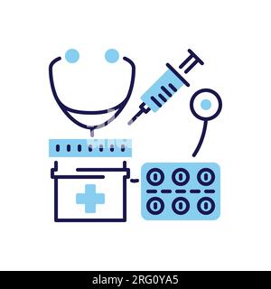 Dünnes Liniensymbol für Vektoren im Zusammenhang mit dem Gesundheitswesen. Stethoskop, Pillen, Medizingefäß und Spritze. Isoliert auf schwarzem Hintergrund. Bearbeitbare Kontur. Vektor illustr Stock Vektor