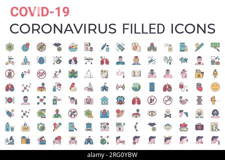 Coronavirus COVID-19 Pandemie respiratorische Pneumonie Krankheit verwandte Vektorsymbole gesetzt. Einschließlich Symbole Symptome, Übertragung, Prävention, Behandlung, vi Stock Vektor