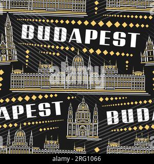 Vector Budapest Seamless Pattern, wiederhole den Hintergrund mit der Illustration der berühmten europäischen Stadt budapest auf dunklem Hintergrund für Geschenkpapier, de Stock Vektor