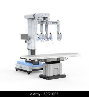 3D-Rendering roboterassistierter Chirurgie isoliert auf weißem Hintergrund Stockfoto