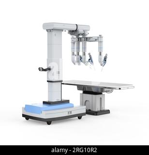 3D-Rendering roboterassistierter Chirurgie isoliert auf weißem Hintergrund Stockfoto