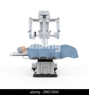 3D-Rendering roboterassistierter Chirurgie mit auf weiß isoliertem Dummy-Patienten Stockfoto