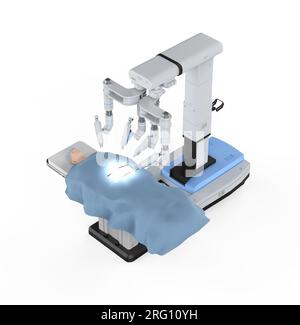 3D-Rendering roboterassistierter Chirurgie mit auf weiß isoliertem Dummy-Patienten Stockfoto