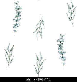 Nahtloses Muster mit Eukalyptus- und Olivenzweigen. Grünes Laub im Hintergrund. Endlose handgezeichnete Aquarellillustration für Tapete, Stoff Stockfoto