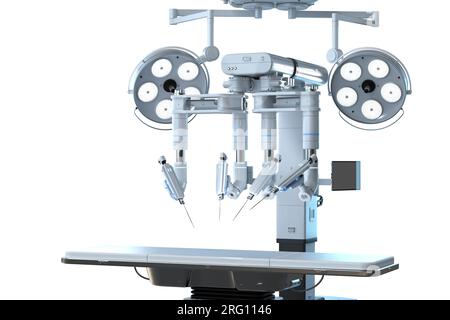 3D-Rendering roboterassistierter Chirurgie isoliert auf weißem Hintergrund Stockfoto