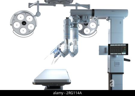 3D-Rendering roboterassistierter Chirurgie isoliert auf weißem Hintergrund Stockfoto