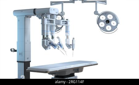 3D-Rendering roboterassistierter Chirurgie isoliert auf weißem Hintergrund Stockfoto