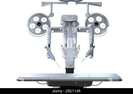 3D-Rendering roboterassistierter Chirurgie isoliert auf weißem Hintergrund Stockfoto