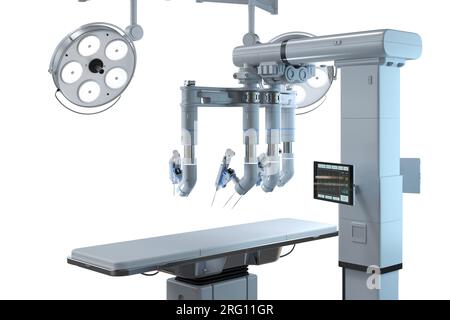 3D-Rendering roboterassistierter Chirurgie isoliert auf weißem Hintergrund Stockfoto