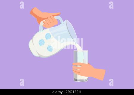 Flaches Grafikdesign mit stilisierter menschlicher Hand, die frisches Wasser aus der Kanne mit Eis in Glas gießt. Spritzen und Ausgießen von reinem Aqua-Wasser in Glas von Stockfoto