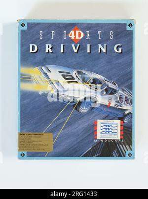 1980er MS-DOS Computerspiele Sport Fahren 4D MS-DOS Fahrsimulation - Abbildung auf dem Titelblatt, Computerspiel Kunst. Stockfoto