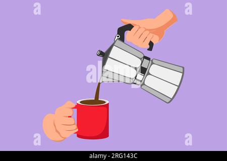 Flacher Cartoon, der junge, glückliche Barista malt und heißen Schokoladenkaffee aus der Moka-Tasse in eine Tasse gießt. Moka Kaffeekanne zum Zubereiten von Espresso auf der Hand. Café-Drink Stockfoto