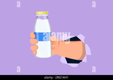 Grafisches flaches Design mit einer Hand, die frische Milch auf einer Flasche hält Glasverpackung gesundes Getränkeprodukt durch zerrissenes blaues Papier oder Loch. Frische Milch für ihn Stockfoto